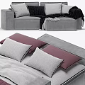 Modern Gray Sofa With Pillows And Blanket And Comfortable Bed With Purple Quilt