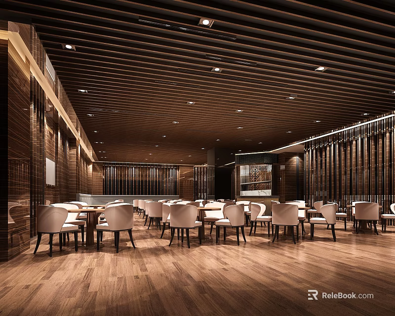 Modern Restaurant Interior With Wooden Ceiling White Chairs And Warm Ambient Lighting 3d model 