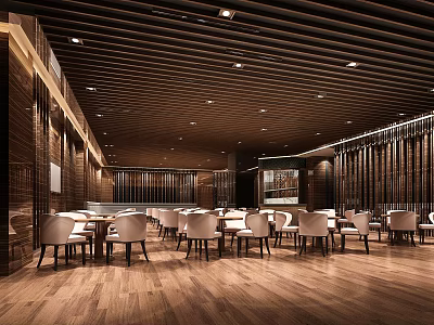 Modern Restaurant Interior With Wooden Ceiling White Chairs And Warm Ambient Lighting 3d model