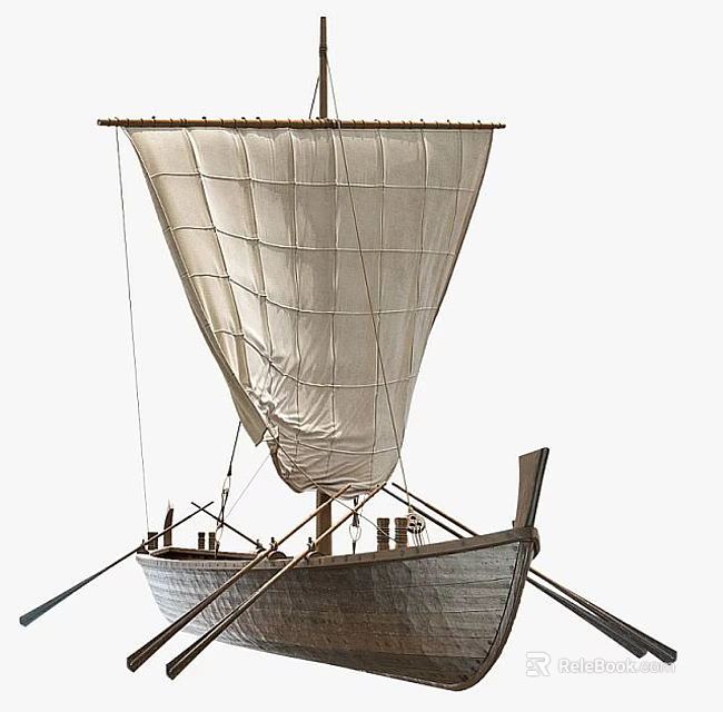Traditional Wooden Boat With White Sail And Wooden Oars Structure Design 3d model 