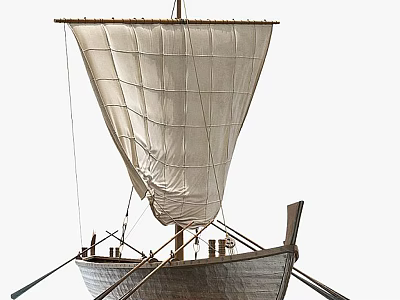 Traditional Wooden Boat With White Sail And Wooden Oars Structure Design 3d model