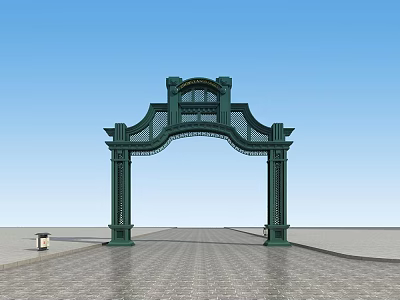 Green Arched Entrance Gate with Ornate Metal Design and Brick Paved Pathway Under Blue Sky 3d model