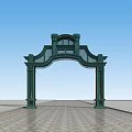 Green Arched Entrance Gate with Ornate Metal Design and Brick Paved Pathway Under Blue Sky