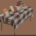 Wooden Table With Checkered Tablecloth Books Red Cup And Yellow Cards
