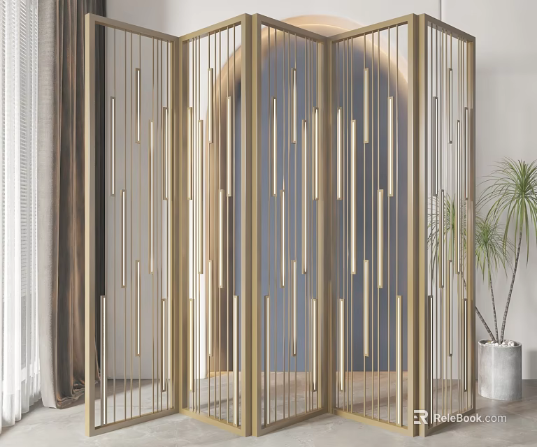Modern Gold Metal Frame Room Divider Screen With Vertical Stripes For Interior Decor 3d model