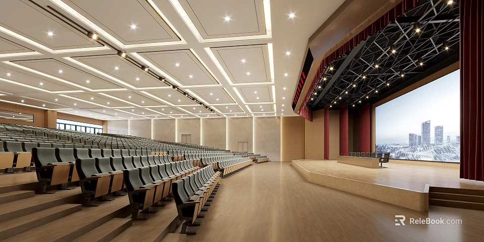 Modern Auditorium With Rows Of Seats Stage And Ceiling Lights 3d model 
