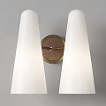 Modern Wall Sconce With White Conical Shades And Brass Bracket Mounted On Gray Wall