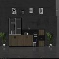 Modern Wooden File Cabinet With Glass Doors Gray Wall And Potted Plants