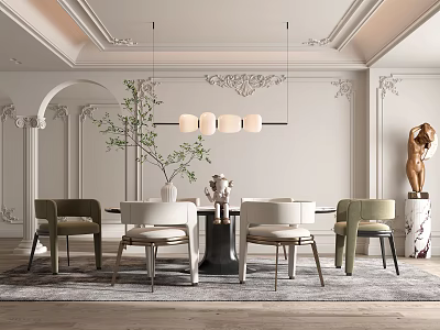 Elegant Restaurant Interior With Decorative Ceiling Pendant Lights Dining Table Green Chairs And Sculpture 3d model