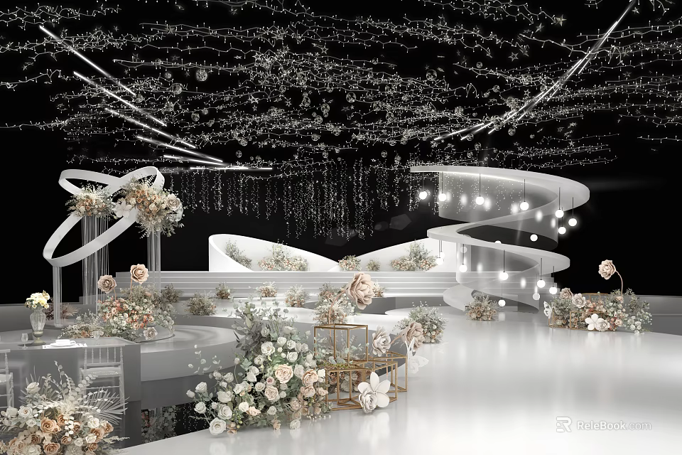 Elegant Banquet Hall Interior With Crystal Ceiling Decor White Stage And Floral Arrangements 3d model 