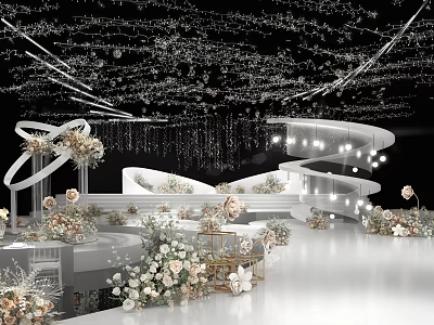 Elegant Banquet Hall Interior With Crystal Ceiling Decor White Stage And Floral Arrangements 3d model