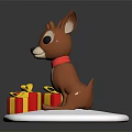 Cute Deer Figurine With Red Scarf Standing By Colorful Gift Boxes On White Platform
