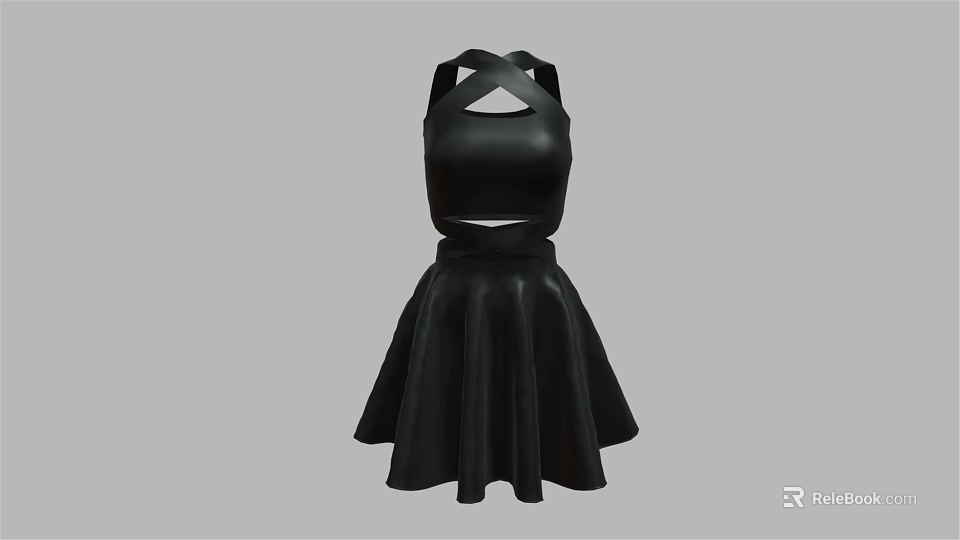 Women's Black Leather Cropped Dress With Crisscross Straps And Flared Skirt 3d model 