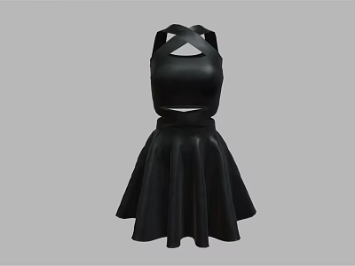 Women's Black Leather Cropped Dress With Crisscross Straps And Flared Skirt 3d model