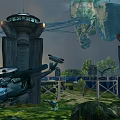 Cartoon Scene Featuring Rocky Cliff Flying Vehicle Dragon And Green Vegetation