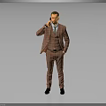 Stylish Man In Checkered Suit Talking On Phone With Hand In Pocket And Gray Background