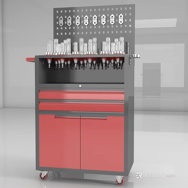 Public Workshop Tool Cabinet With Red Doors Drawers And Pegboard Tools Storage 3d model