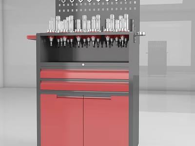 Public Workshop Tool Cabinet With Red Doors Drawers And Pegboard Tools Storage 3d model