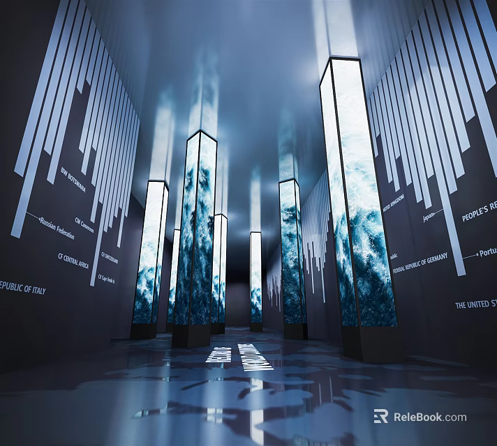 Modern Exhibition Hall With Tall Columns Vertical Stripes And Artistic Projections On Reflective Floor 3d model 