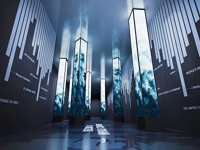Modern Exhibition Hall With Tall Columns Vertical Stripes And Artistic Projections On Reflective Floor 3d model