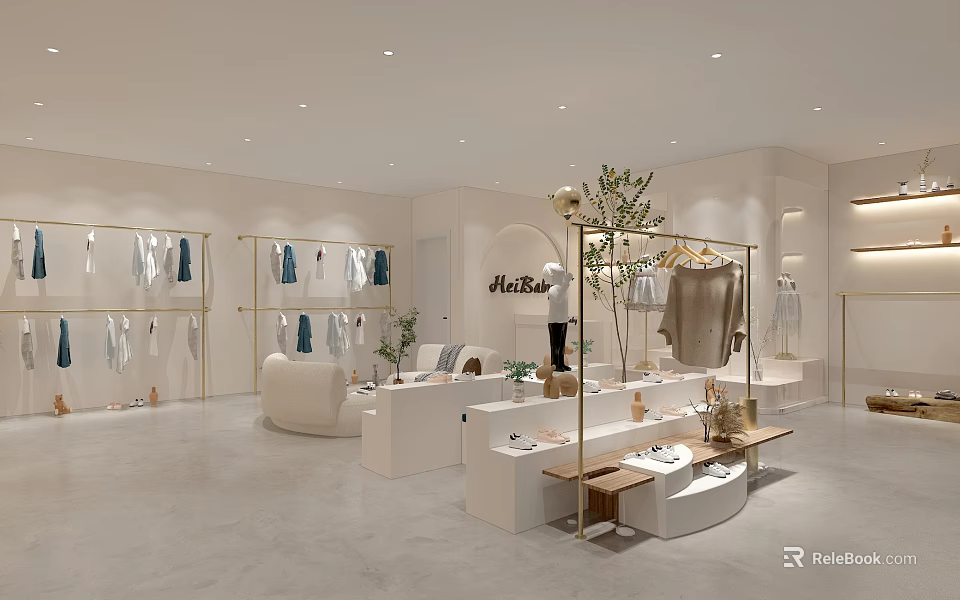 Modern Minimalist Clothing Store Interior With Hanging Clothes Display Areas And Cozy Furniture 3d model 