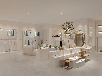 Modern Minimalist Clothing Store Interior With Hanging Clothes Display Areas And Cozy Furniture 3d model
