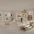 Modern Minimalist Clothing Store Interior With Hanging Clothes Display Areas And Cozy Furniture