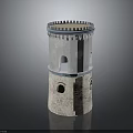 Weathered Multi level Tower Building With Rimmed Top Round Windows And Textured Stone Base