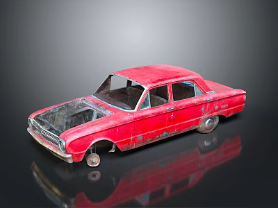 Red Old Rusty Toy Car On Black Background With Clear Reflection 3d model