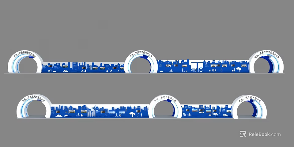 Blue And White Urban Skyline Pattern With Arched Elements And Building Silhouettes 3d model