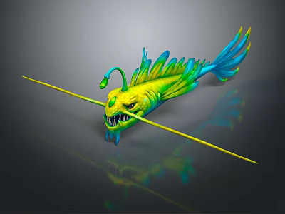Vibrant Aquatic Animal 3D Model Yellow Green Blue Fins Angler Lure Sharp Teeth Fierce Look 3d model