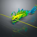 Vibrant Aquatic Animal 3D Model Yellow Green Blue Fins Angler Lure Sharp Teeth Fierce Look