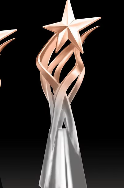 Modern Rose Gold And Silver Twisted Trophy With Sculptural Design And White Base 3d model