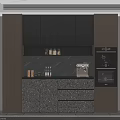 Modern Sideboard With Marble Countertop Open Shelves Drawers And Decorative Jars