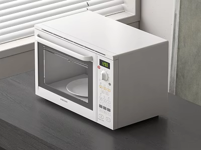 White Modern Microwave Oven Kitchen Appliance With Digital Display On Dark Countertop 3d model
