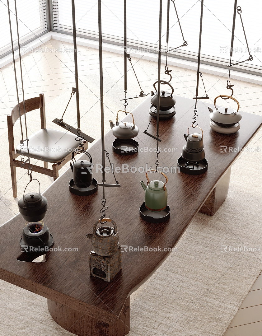 New Chinese Style Tea Table and Chair Tea Set Teapot Wood Floor Venetian Blinds 3d model