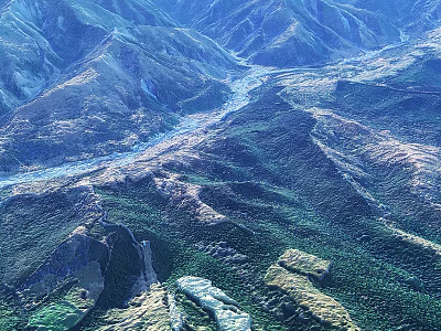 Aerial Scenic Garden Landscape With Winding River And Lush Mountain Vegetation 3d model