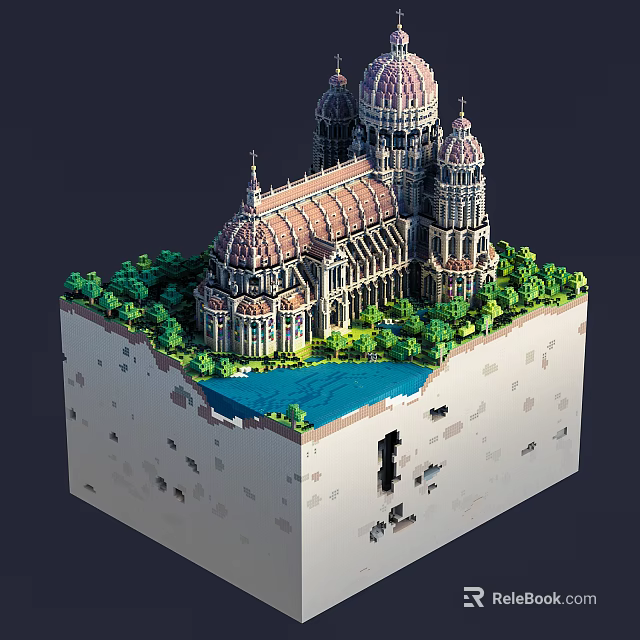 Building Blocks Cathedral With Domes Towers Surrounding Trees Blue Water Cliff And Cave Design 3d model 