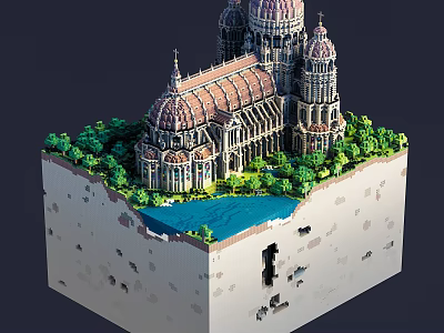 Building Blocks Cathedral With Domes Towers Surrounding Trees Blue Water Cliff And Cave Design 3d model