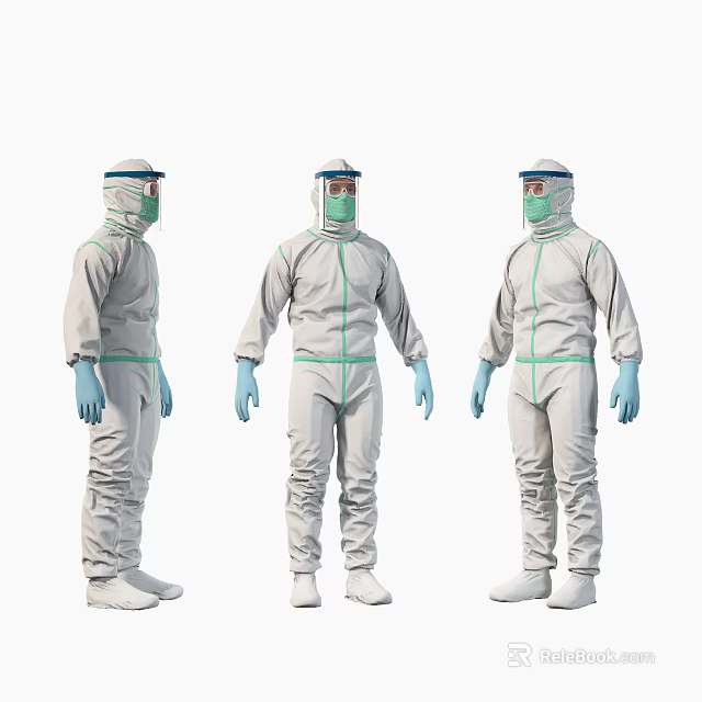 Three People in Gray Protective Suits With Green Lines Face Shields and Blue Gloves 3d model 