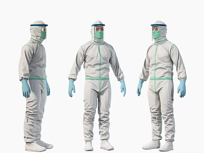 Three People in Gray Protective Suits With Green Lines Face Shields and Blue Gloves 3d model