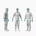 Three People in Gray Protective Suits With Green Lines Face Shields and Blue Gloves