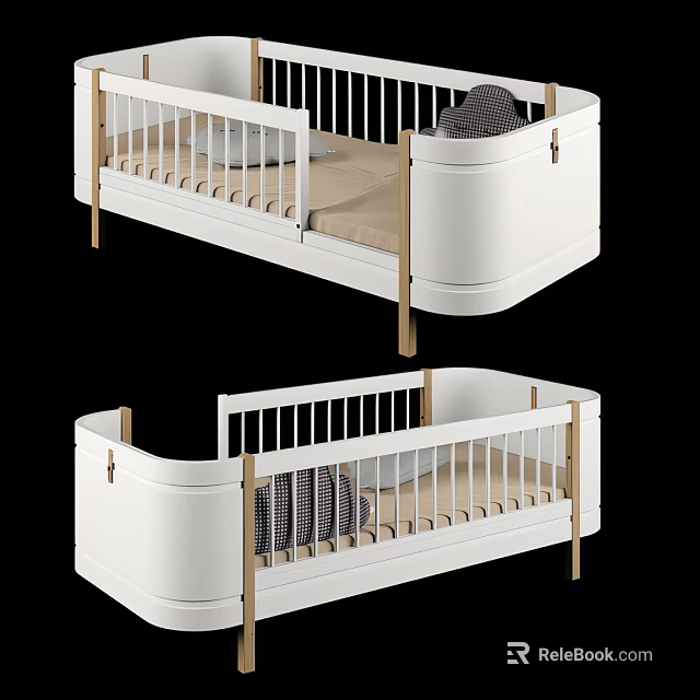 White Wooden Children's Bed Featuring Bed Rails Pillow and Striped Blanket 3d model 