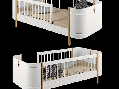 White Wooden Children's Bed Featuring Bed Rails Pillow and Striped Blanket 3d model