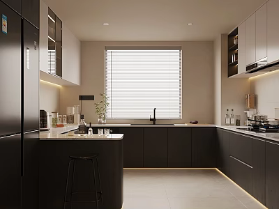Modern Kitchen Interior Design With Black Cabinets Island Stool Appliances And Window Blinds 3d model