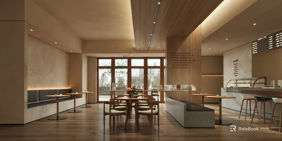 Modern Café Interior Design With Wooden Elements Large Windows And Dining Tables 3d model 