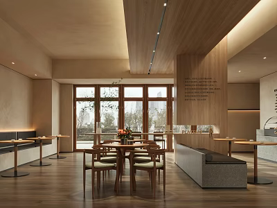 Modern Café Interior Design With Wooden Elements Large Windows And Dining Tables 3d model