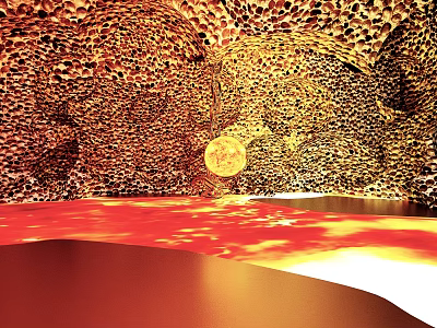 Unique Textured Wall Interior Featuring Red Floor And Circular Illuminated Decorative Piece 3d model