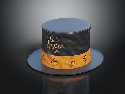 Black Top Hat with Orange Band Diamond Pattern and Happy New Year Design 3d model