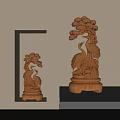 Wooden Crane and Pine Tree Sculpture with Intricate Carved Details Displayed on Wooden Base Stand